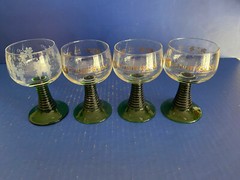 4 Vintage Schmitt Sohne Green Ribbed Stemmed Cordial Wine Glasses West Germany