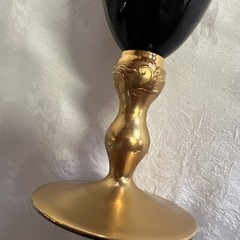 VINTAGE BOHEMIAN 3 CHAMPAGNE ART GLASSES BLACK AND GOLD WITH FLOWERS DECOR