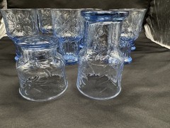 Pilgrim Glass ADAMS Set 8 RARE Vtg Aqua Blue FOOTED TUMBLERS Raised Shell