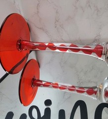 Set Of 2 Ribbon Stem/Red Swirl Wine Glasses