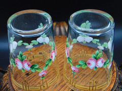 Antique European Crystal Hand Painted Enameled Rose Garland Schnapp Shot Glasses