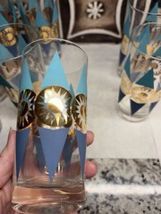 Set of 8 Federal Glass Nordica Turquoise & Gold Atomic Highball MCM Barware