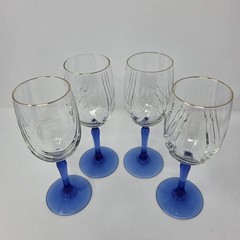 Libbey Crystal Blue Water Wine Goblets Arby’s Drape Optic Blue Stem Gold Trim