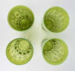 Antique Green Vaseline Glass Tumblers Set 4 Opaline Opalescent Brocade Fern Rare