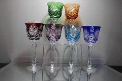 Six (6) 8 ounce Bohemia Water Wine Goblet Glasses Colored Cut-to-Clear Crystal