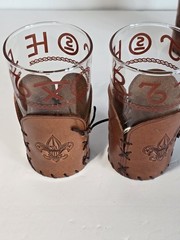 4 Vintage Libbey BAMCO MCM Western Branding Decal Glasses w/Leather Holder 5.5”