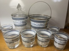 MCM 1950s Corinthian Hellenic Grecian Blue Jeanette Glass Barware Set 9-pc Set