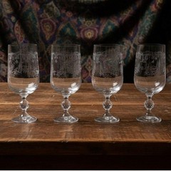 Bohemia Crystal Cascade Etched Wine Glasses Goblets Set of 4 *