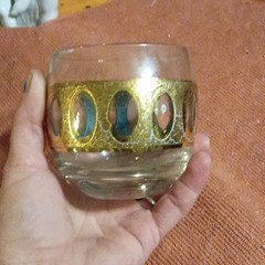 2pc Clear Glass Tumbler & Rocks Glass Set Gold Overlay Oval Geometric Pattern