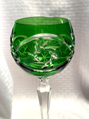 AJKA/FIFTH AVE WINE GLASS EMERALD GREEN CUT TO CLEAR CRYSTAL BOHEMIAN HUNGARY