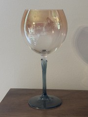 Colony Glass Brigitte Water/Wine Goblet Iridescent Bowl Green Stem Sticker 8 1/4