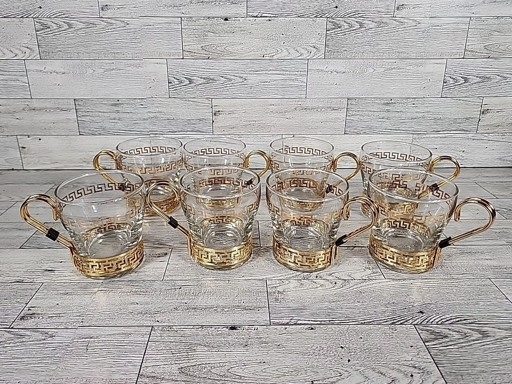 1960s LIBBEY COFFEE CUP SET Greek Key Continental MCM Metal Handles