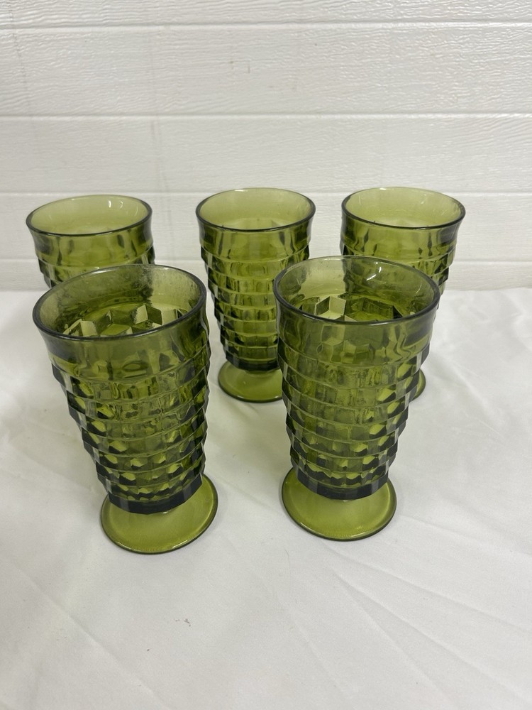 Vintage Indiana Glass Whitehall Cubist Avocado Green 12oz Footed Tumblers Set 5