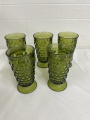 Vintage Indiana Glass Whitehall Cubist Avocado Green 12oz Footed Tumblers Set 5