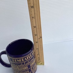 Vintage Navy Blue Coffee Mug with Gold Congratulations Motif