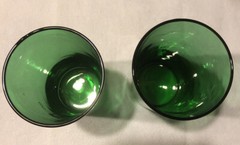 2 Vintage Anchor Hocking Forest Green Glasses THE HANSOM» & the “GAS BUGGY» EUC