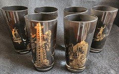 Six Vintage Black & 22k Gold Oil Well Glasses