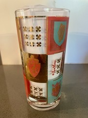 MCM Fred Press Highball Glasses Coat of Arms, Turquoise, Pink and Gold, Set of 2