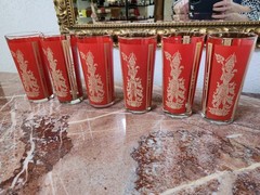 6 Vintage MCM Culver Red Gold Siam Thai Goddess High Ball Glasses Tumblers 60s