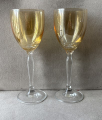 Set Of Two LRE Slovakia Gold Iridescent Wine Glasses Clear Tulip Stem