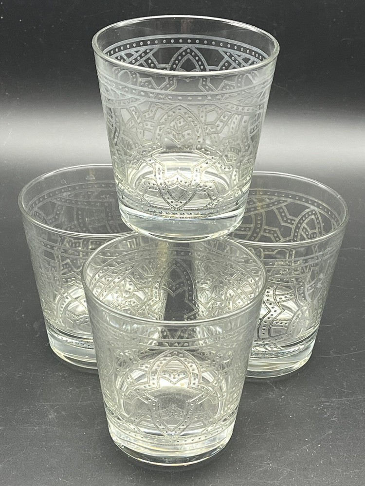 Set of 4 Low Ball Rocks Drinking Barware Glasses with Silver Overlay Pattern