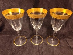 3 Tiffin Franciscan Glass Goblets Paneled Gold Band