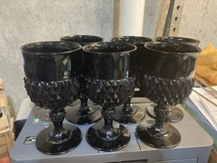 Lot Of Six Vintage Indiana Glass Tiara Black Diamond Point Large Water Goblets