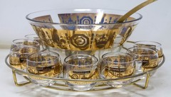 Culver Punch Bowl Fleur-De-Lis 10 Roly-Poly Glasses Metal Stand & Ladle 22K Gold