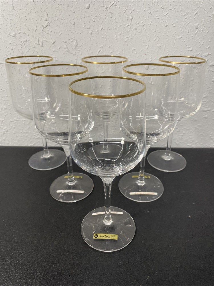 (6) Noritake Fortune 7-3/8″ Water Goblet Wine Glass Stemware Gold Rim Japan