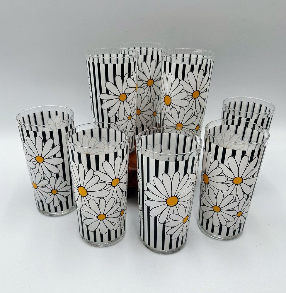 Vtg Black Stripe Retro Daisy Flower Power Drinking Glasses MCM Mod 60s