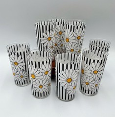 Vtg Black Stripe Retro Daisy Flower Power Drinking Glasses MCM Mod 60s