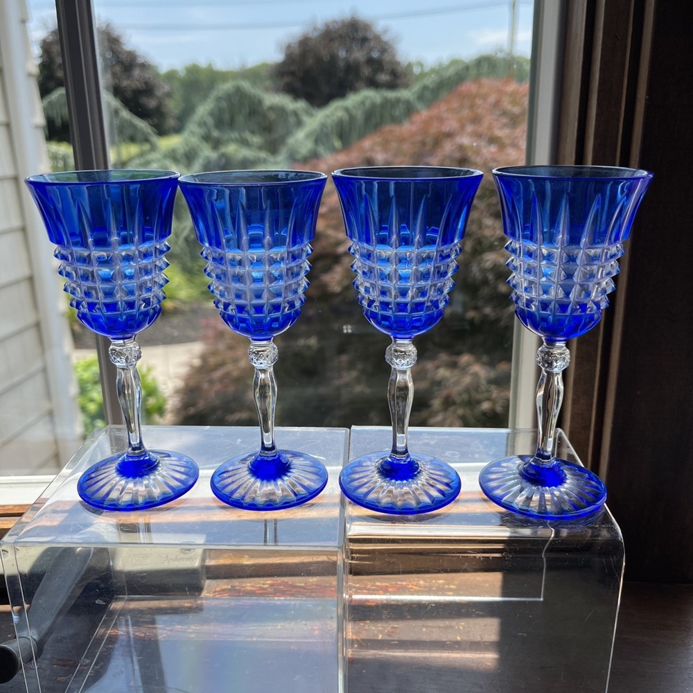(4) Cristal D’Arques PAVANE 5” Blue Cut To Clear Cordials