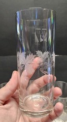 Vintage Set Of 5 Etched Grape Vine Crystal Clear Tall Glass With Metal Holders