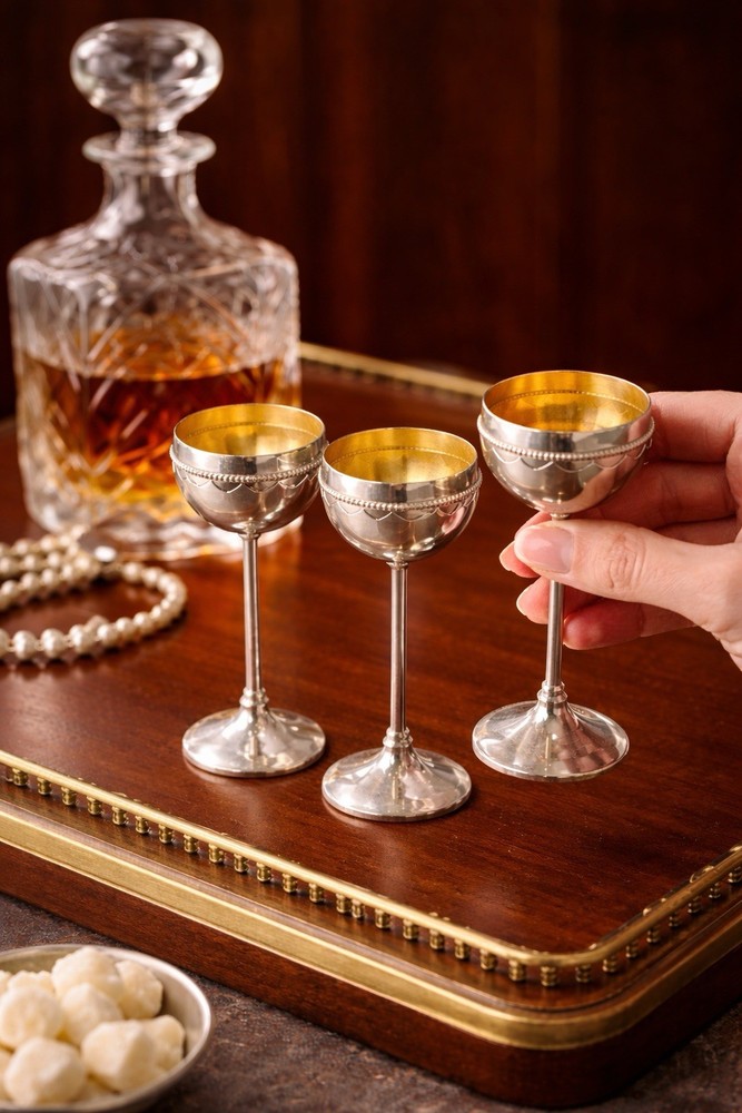 European Vintage 1950s Silverplate Gilt Cordial Goblets Set Of 3, 1.75×4.75”