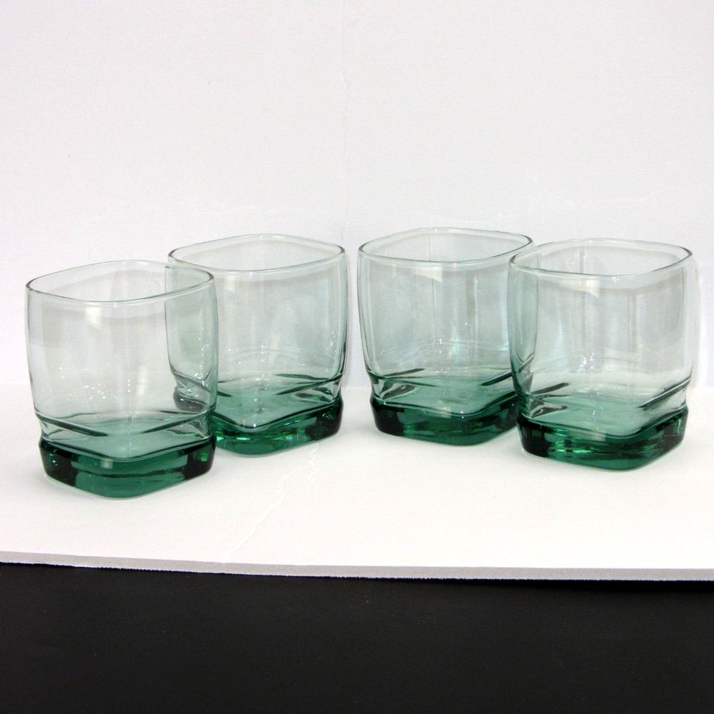 4 Libbey Carrington Aqua Green Square Glasses Double Rocks Tumbler 3-3/4″ tall