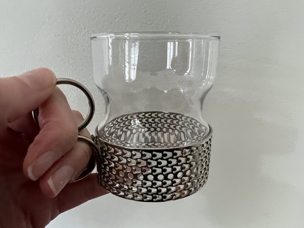 Lot of 5 Vintage Littala Tsaikka Finland Tea Coffee Cups Glass & Metal Sarpaneva