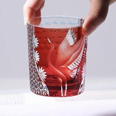 Red Japanese Style Edo Kiriko Glass Whisky Glass Tumbler Hand Cut To 8oz Gift