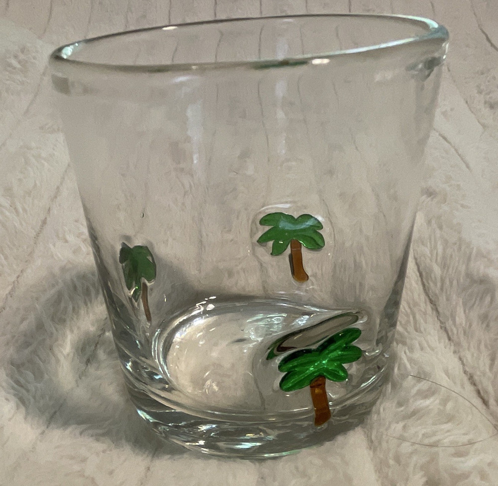 Clear Glass Rocks Glass Decorated Tropical Palm Tree Design Green 8 oz