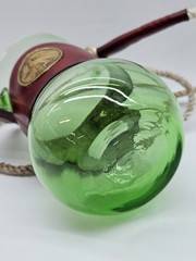 Vntg Blown Green Glass Leather Hands Free Cocktail Beer Tumbler Lanyard w/Image