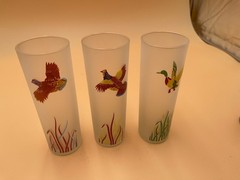 VINTAGE FROSTED TOM COLLINS COCKTAIL GLASSES with FLYING PHEASANT, Set Of 3