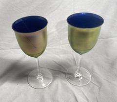 Steve Maslach SIGNED Wine 8″ Handcrafted Glass Goblets Iridescent Gold Art