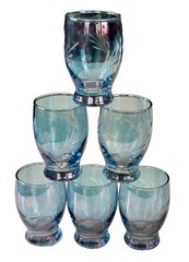 Iridescent Blue Glass Etched Atomic Shooting Star/Flower Stacking Juice Glasses