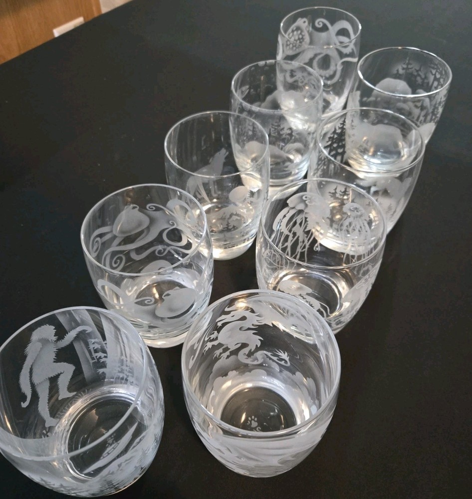 Bundle of 9 Hand Etched Heavy Cocktail Glass No Tip Quality Cup Set Bar Slide