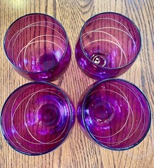 Set Of 4 Etched Glass Magenta Lowball Tumbler Tall Drinking Glasses