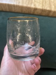3 unmarked etched crystal tumblers w/ gold rims, Bohemia Crystalex Queen’s Lace.