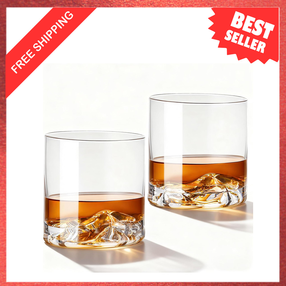 Whiskey Glasses Set of 2, 11oz Lead-Free Crystal, Iceberg Base, Freezer Safe