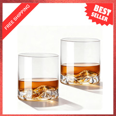 Whiskey Glasses Set of 2, 11oz Lead-Free Crystal, Iceberg Base, Freezer Safe