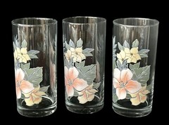 Set of Three Floral Glassware Tumblers with Peach and Yellow Flowers 5″ Vintage