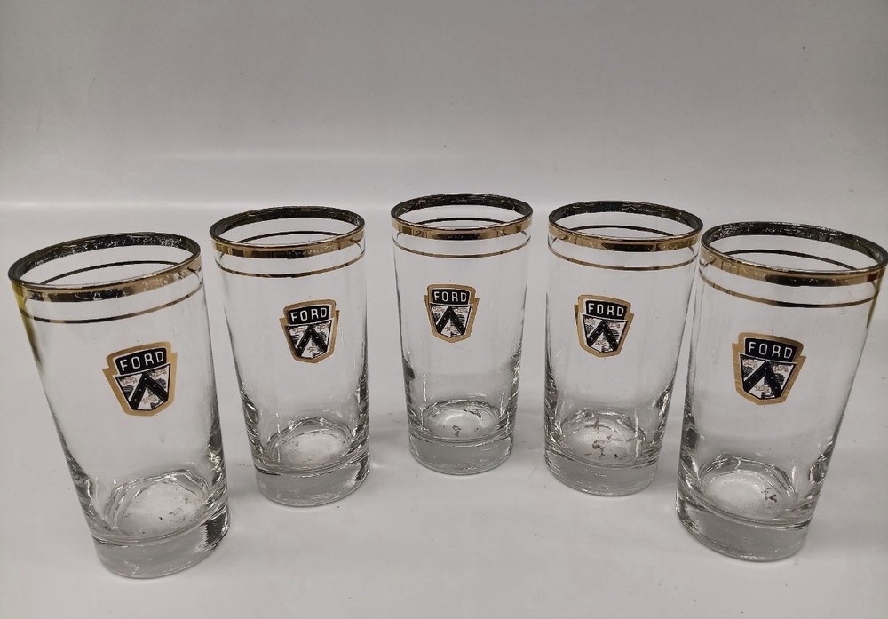 Lot 5 1950’s Vintage Ford Motor Co Logo Highball Whiskey Barware Glasses Antique