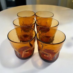 Vintage Pilgrim 6 Amber Crackle Glass Dimpled Old Fashioned Drinkware 3.5″